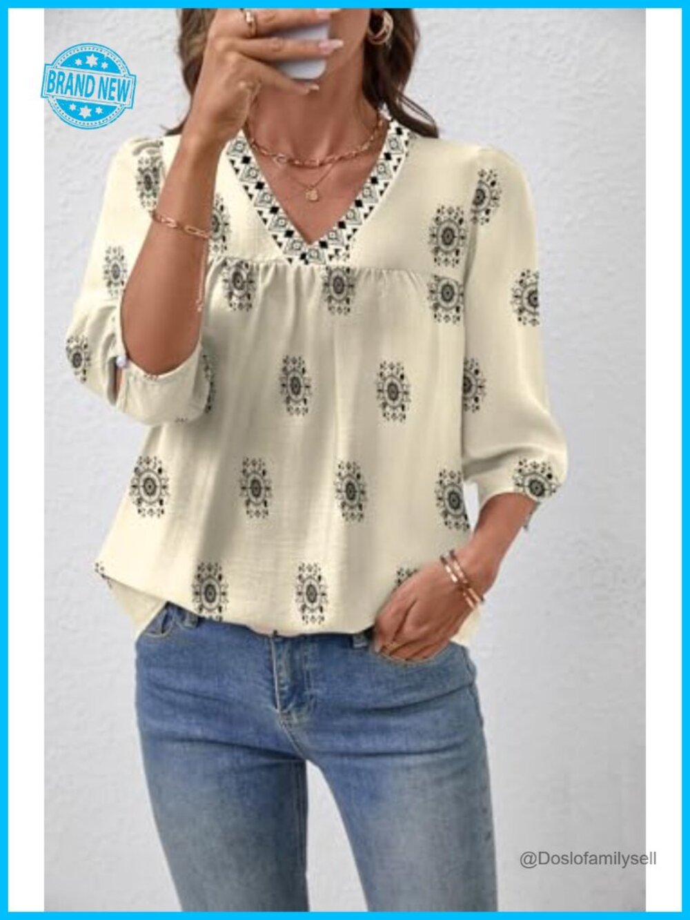 3/4 Sleeve V Neck Boho Blouse Tunic with Puff Sleeve - Picture 5 of 7